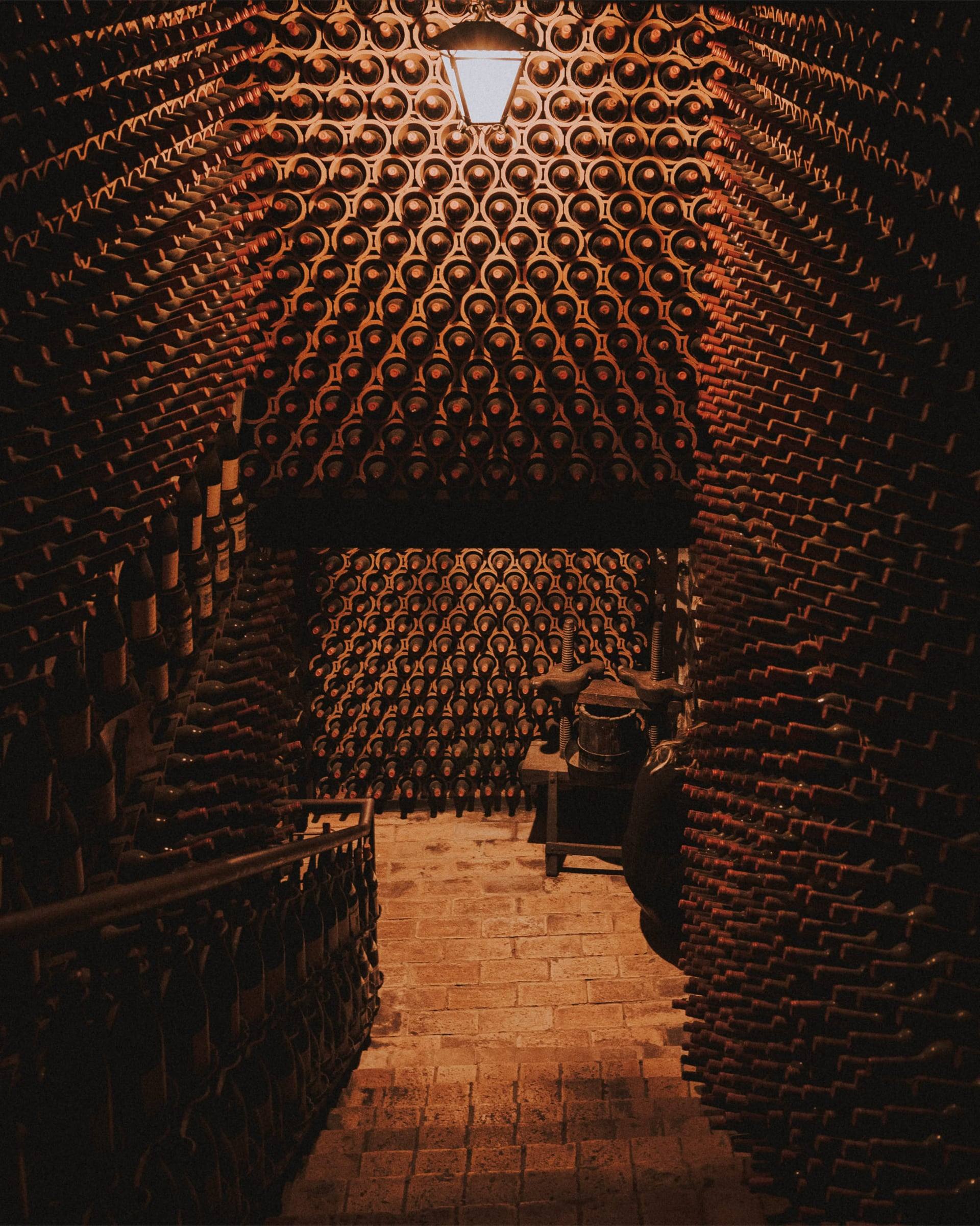 Gallery of the historic archive with bottles laid down